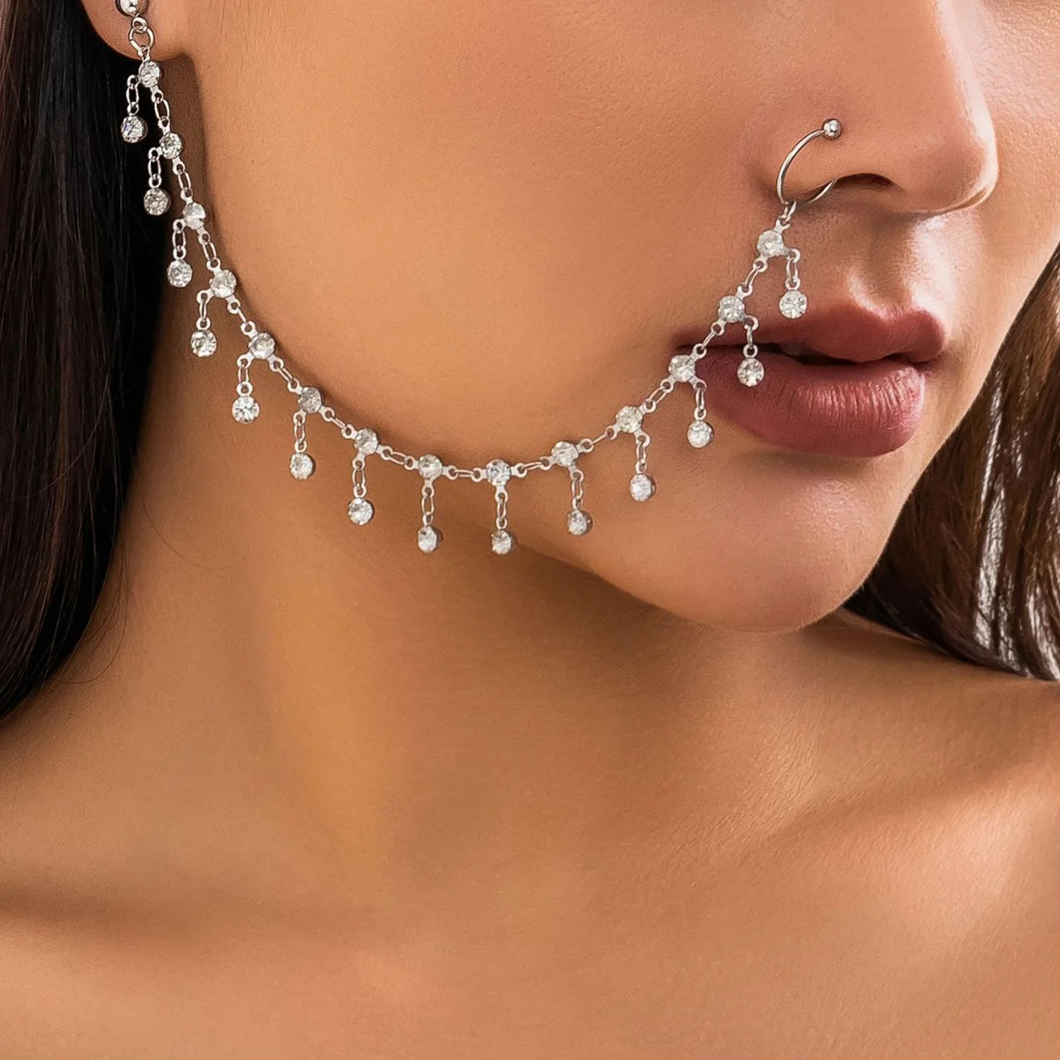 Elegant Fake Piercing Ear Nose Chain For Women Bohemia Tassel Chain Beads Long Tassel Chain Earrings Nose Ring Body Jewelry