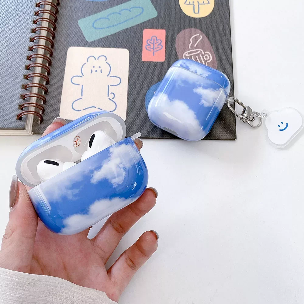 

1Pc Case For AirPods 1 2 3 Cute Sky Could Glossy Cover Clouds Pendant Keyring Soft Earphone Case For Airpods Pro Key chain funda
