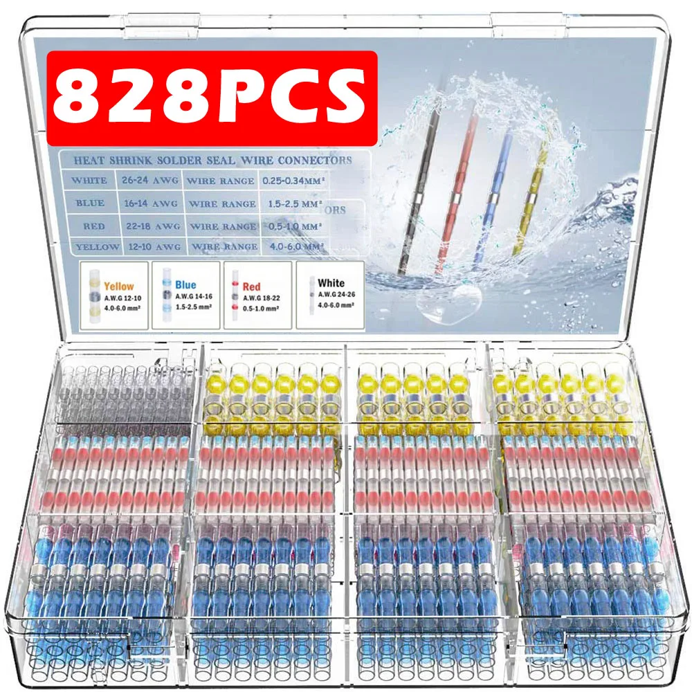 

50/100/300/500/800/828PCS Waterproof Crimp Terminals Solder Seal Electrical Wire Cable Splice Heat Shrink Butt Connector Kits