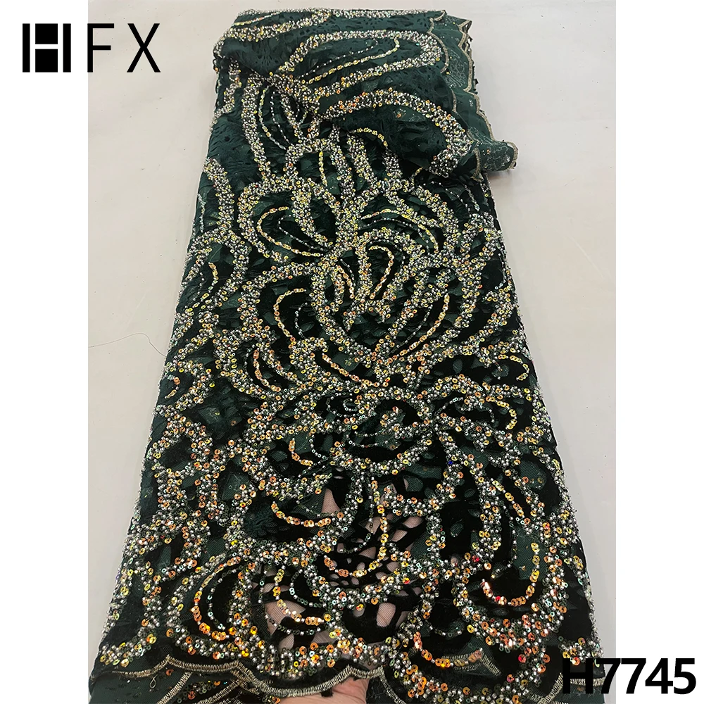 

HFX African Velvet Lace Fabric 2022 Exclusive Sequin Embroidery Heavy Beads French Tulle Mesh Lace Fabric For Party Dress F7745