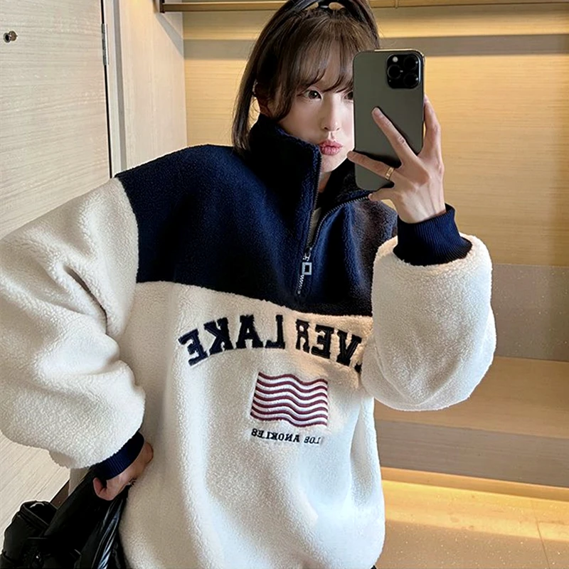 

Свитшот из искусственной шерсти на молнии с высоким воротником, худи, спортивный пуловер оверсайз в стиле ретро с вышивкой, зимняя одежда в ...