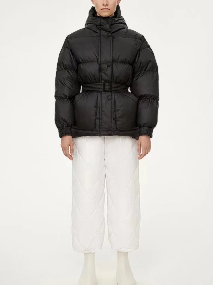 2022 Winter Loose Thickening Puffer Jacket Women Solid Belt High Waist Warm Parkas Fashion Black Grey Long Sleeve Coat