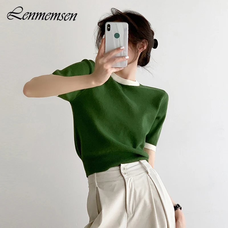 

Lenmemsen Simple Slim Knitted Sweater Women Autumn Winter Cropped O-neck Short Sleeve Pullover Female Casual Soft Solid Knitwear