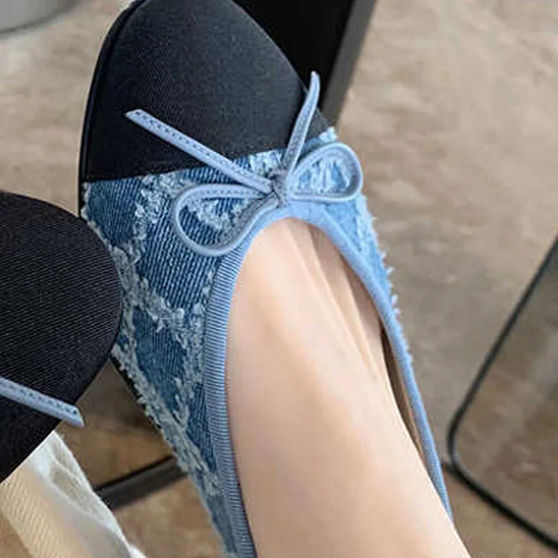 

New Designer Blue jeans bow flat shoes woman round toe cloth patchwork flats plaid sewing moccasins denim loafers for women