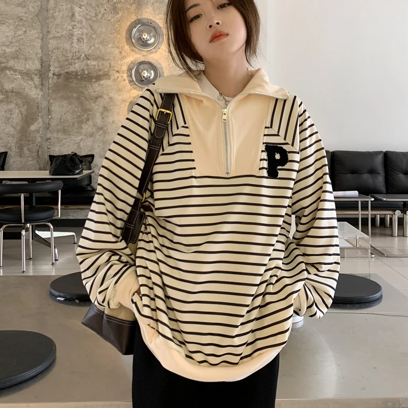 

Толстовка Женская с длинным рукавом, модный тонкий свитшот в полоску, с вышивкой букв, худи в стиле Харадзюку, готический Топ оверсайз, осень