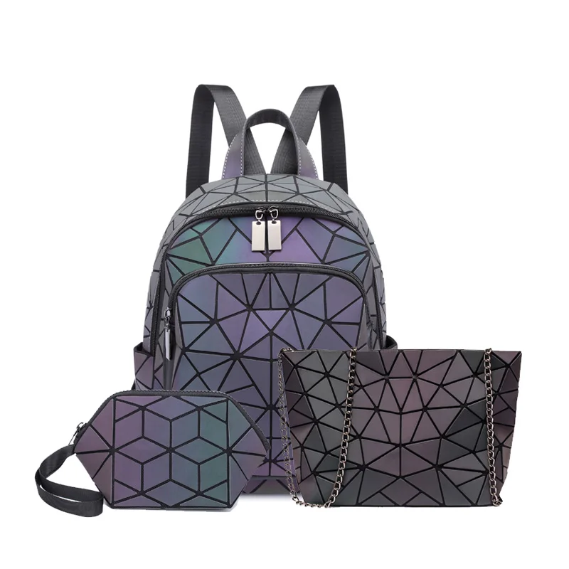 

set women backpack geometric luminous bags schoolbag for teenage girl crossbody bag for ladies holographic 2022 clutch and purse