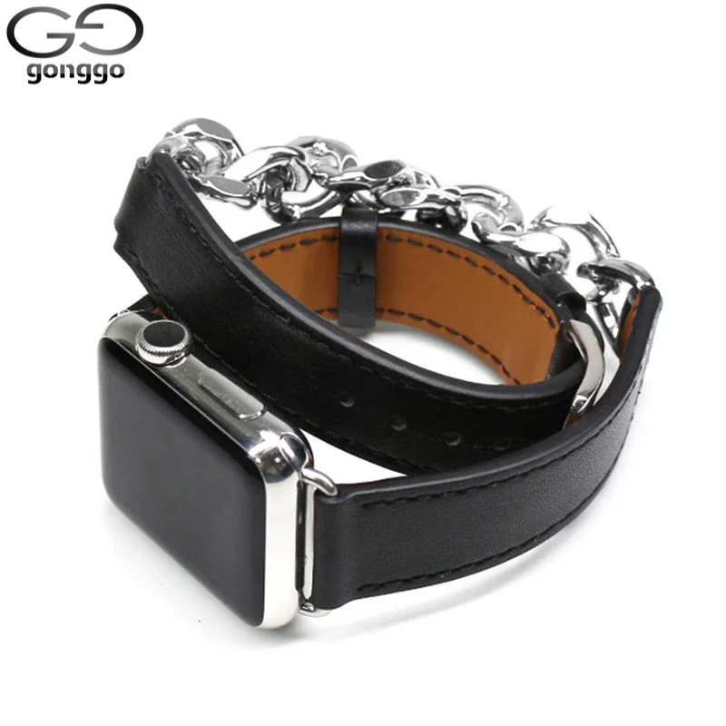 Leather Gourmette Metal Double Tour Strap For Apple Watch Band 49mm 41mm 45mm 40mm Leather Bracelet for iWatch series 8 7 6 SE 5