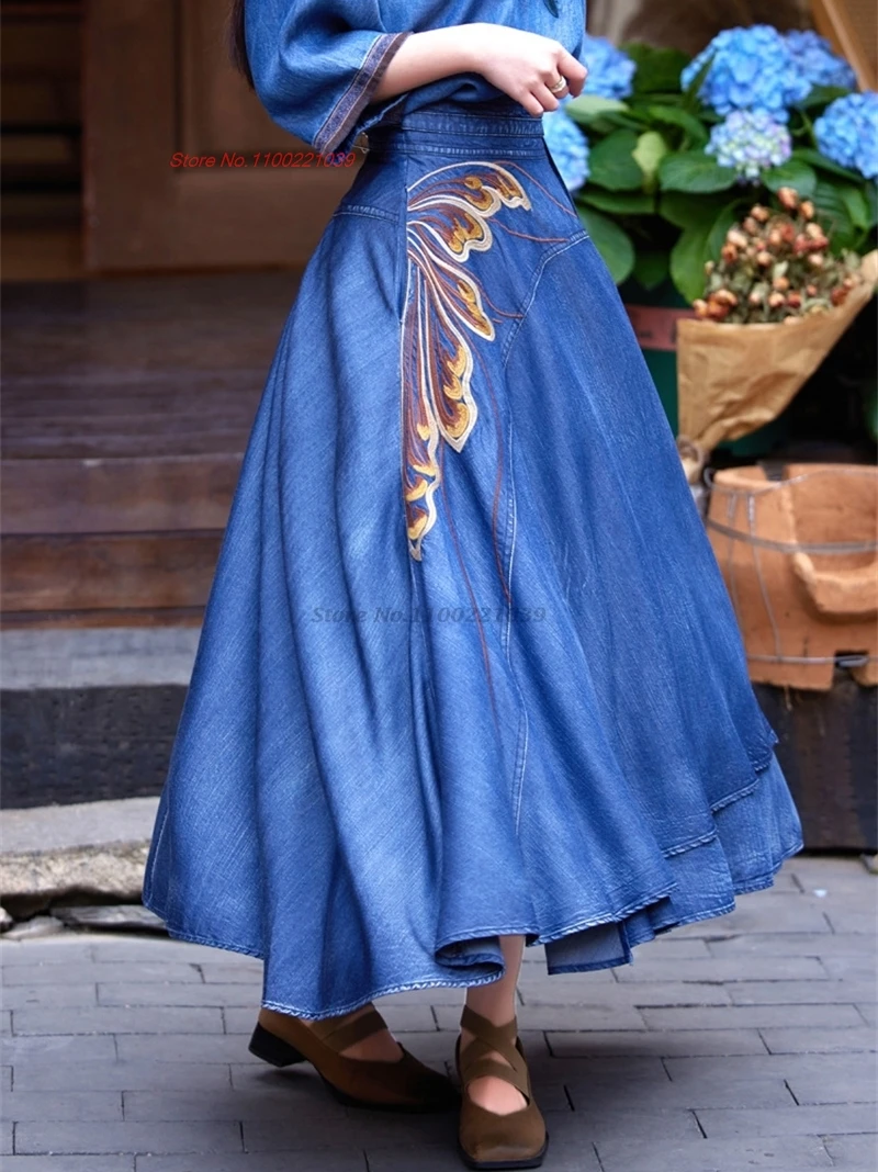 2024 традиционная китайская винтажная юбка джинсовая с национальной цветочной
