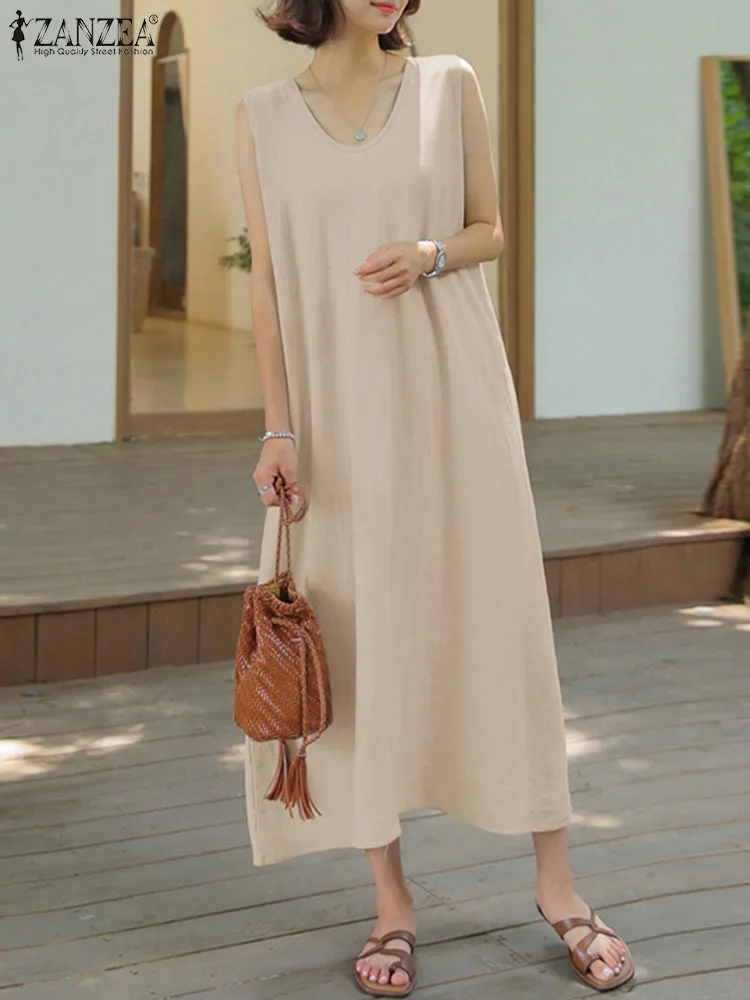 

Летнее стильное свободное платье ZANZEA 2023, женское платье без рукавов, повседневное праздничное пляжное платье, Однотонный сарафан средней длины с V-образным вырезом