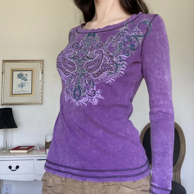 

2000s ретро гранж торговый центр готические пуловеры Топы Стразы индийский графический принт футболка шикарные женские осенние весенние вин...