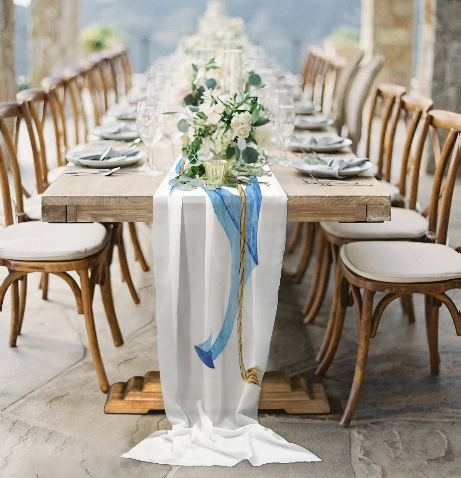 

Anchor Blue Watercolor Sheer Chiffon Table Runner Wedding Party Birthday Luxury Voile Tablecloth Home Decoration