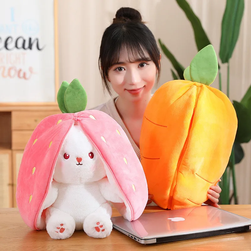 

25cm Kawaii Fruit Transfigured Bunny Plush Toy Cute Carrot Strawberry Turn Into Rabbit Plush Toy Kids Birthday Christmas Gift