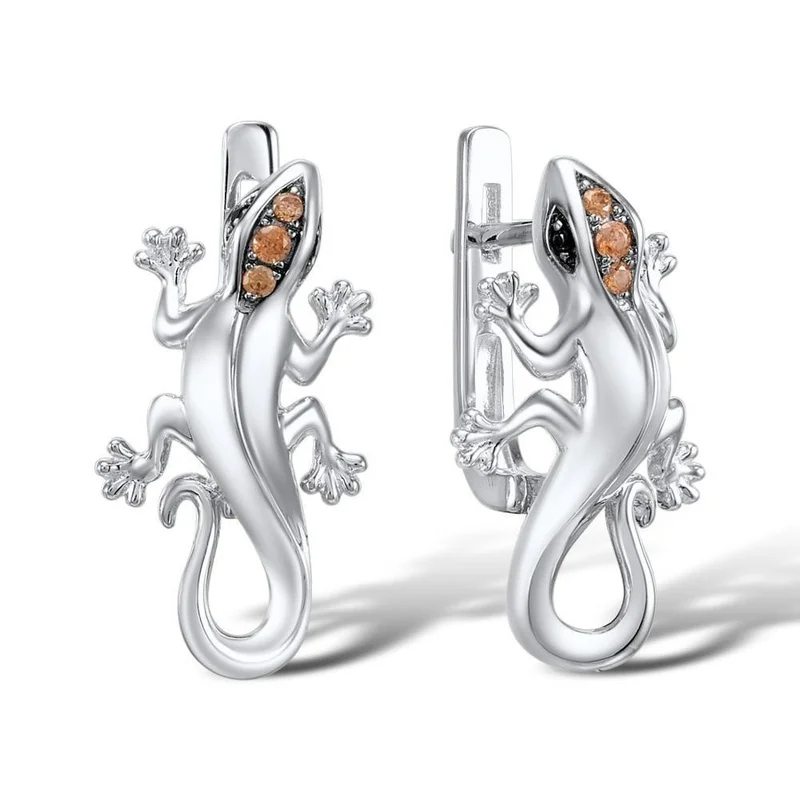 

S925 Silver Lizard Earring Fashion Champagne Zircon Gecko Cocktail Buckle Earrings For Women Casual Party Wedding Jewelry Gift