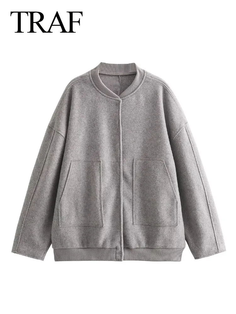 

Куртка женская однотонная с V-образным вырезом, длинным рукавом и карманами