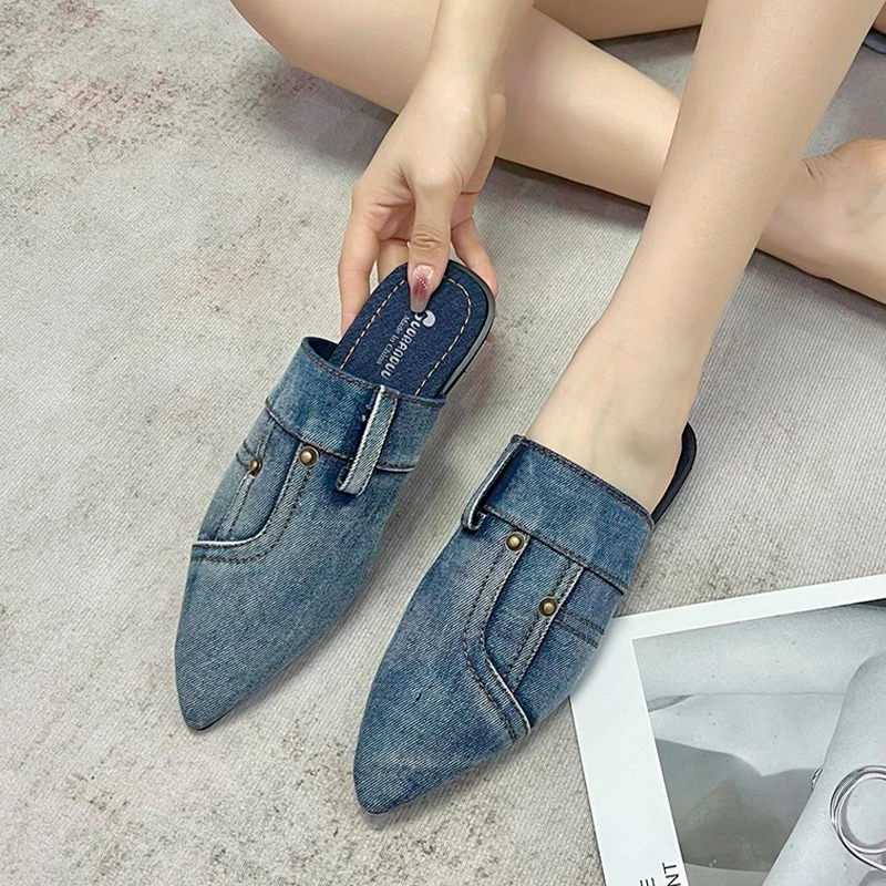 

Мюли женские с острым носком, тканевые шлепанцы, сланцы, Классические сандалии, повседневная Дизайнерская обувь, лето 2023