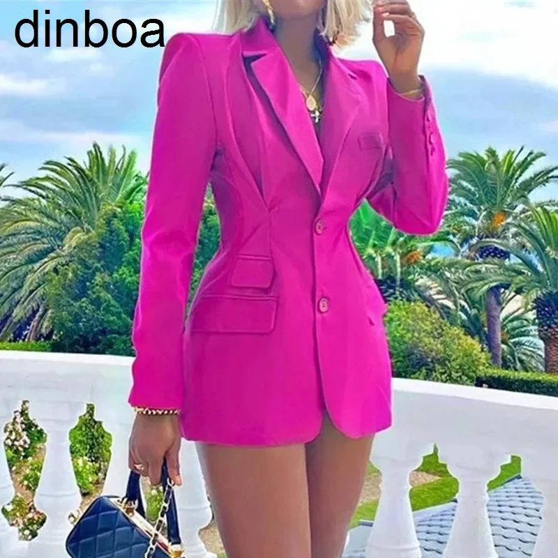 

Пиджак Dinboaspring женский с двумя карманами, модный блейзер с открытыми плечами, зеленая розовая красная офисная одежда, 2021