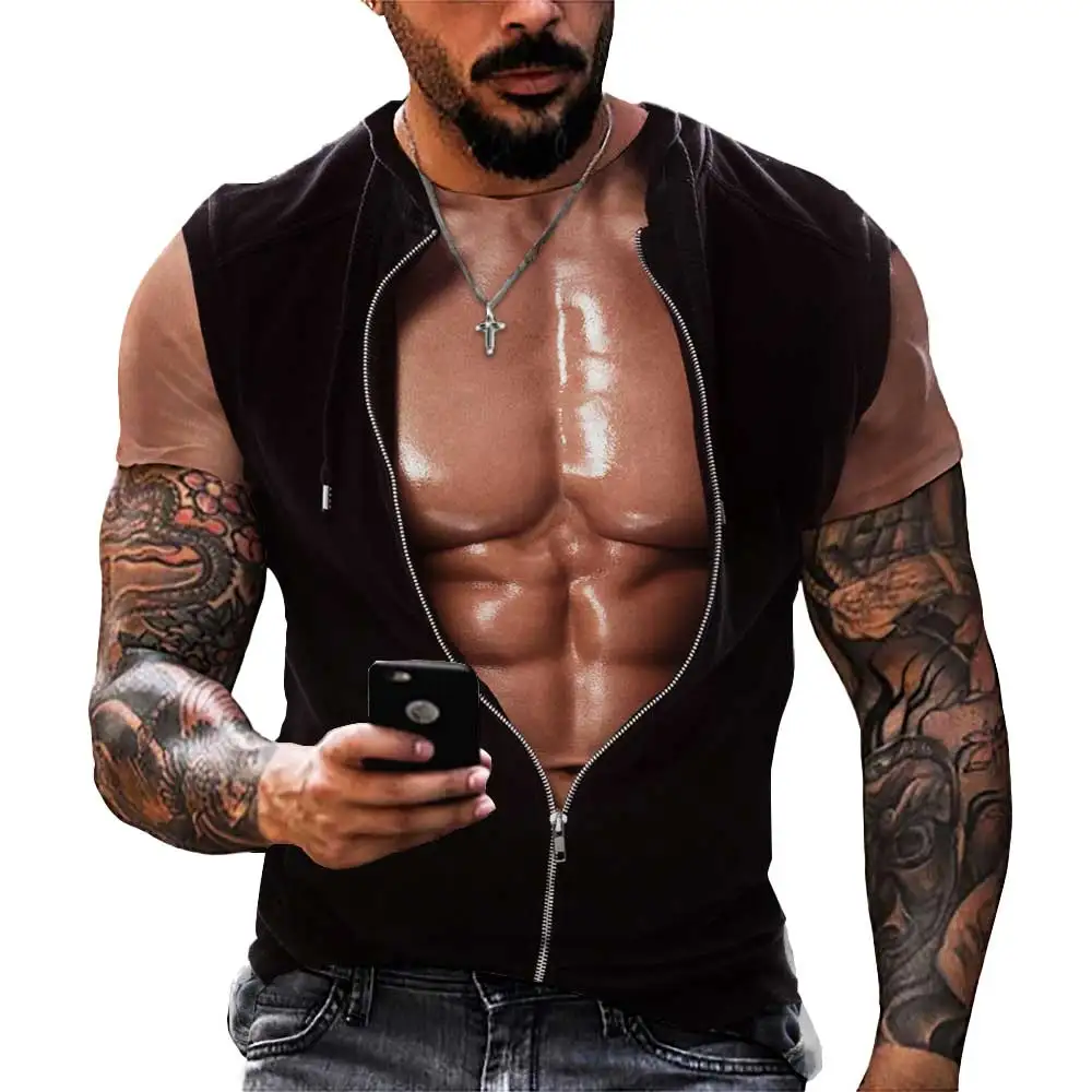 2022 yaz erkek moda komik kas desen baskı 3D T gömlek rahat yuvarlak boyun kısa kollu tişört