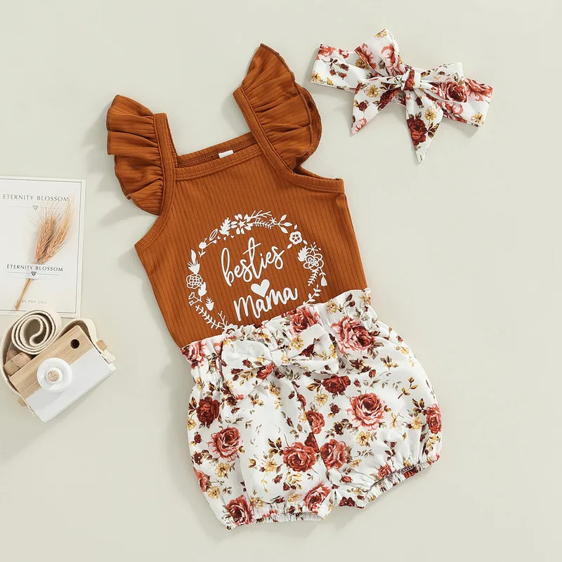 

3Pcs Baby Girls Romper Outfit, Sweet Style Letter Fly Sleeve Suspender Jumpsuit + Floral Printing Bow Shorts + Headwear Set