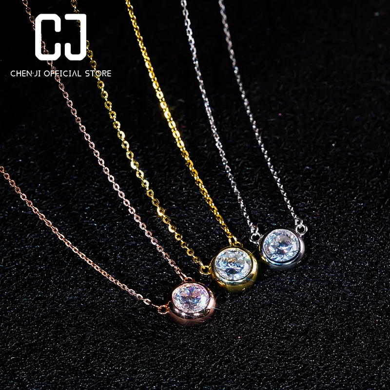 

CHENJI S925 Sterling Silver Single Diamond Moissanite Necklace Female Bubble Clavicle Chain Pendant Simple Holiday Gift