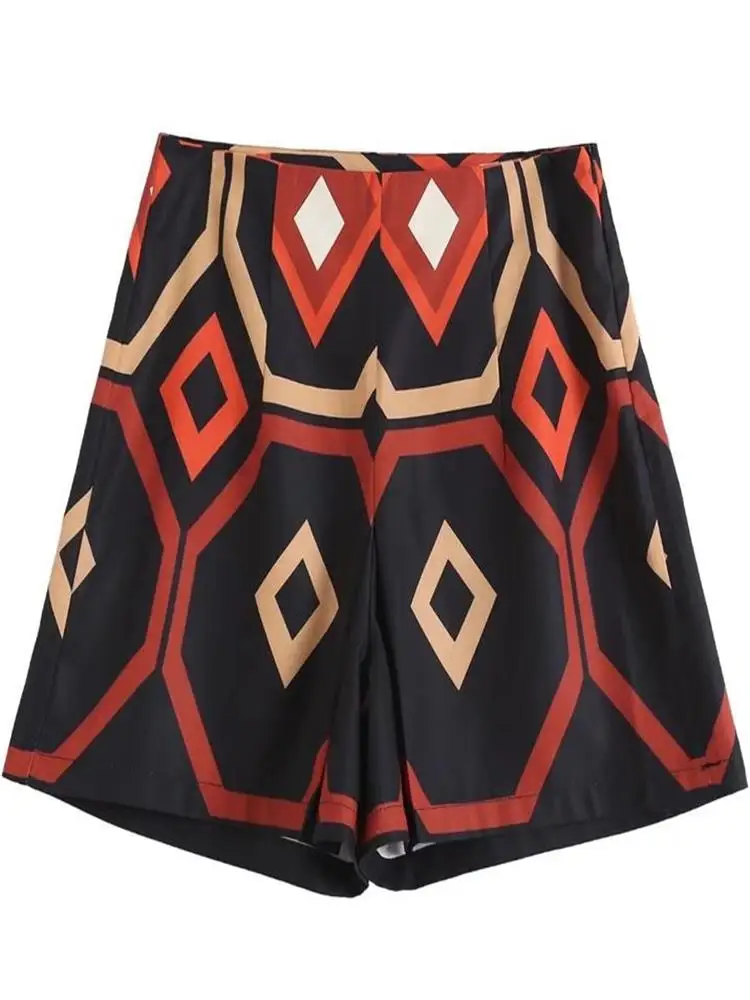 

Шорты женские плиссированные с геометрическим принтом, высокой талией и молнией сбоку