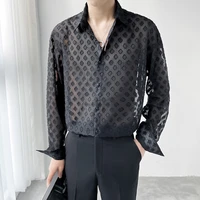 2022 hollow see through shirts mens long sleeve korean casual shirt streetwear social party tuxedo singer stage chemise homme