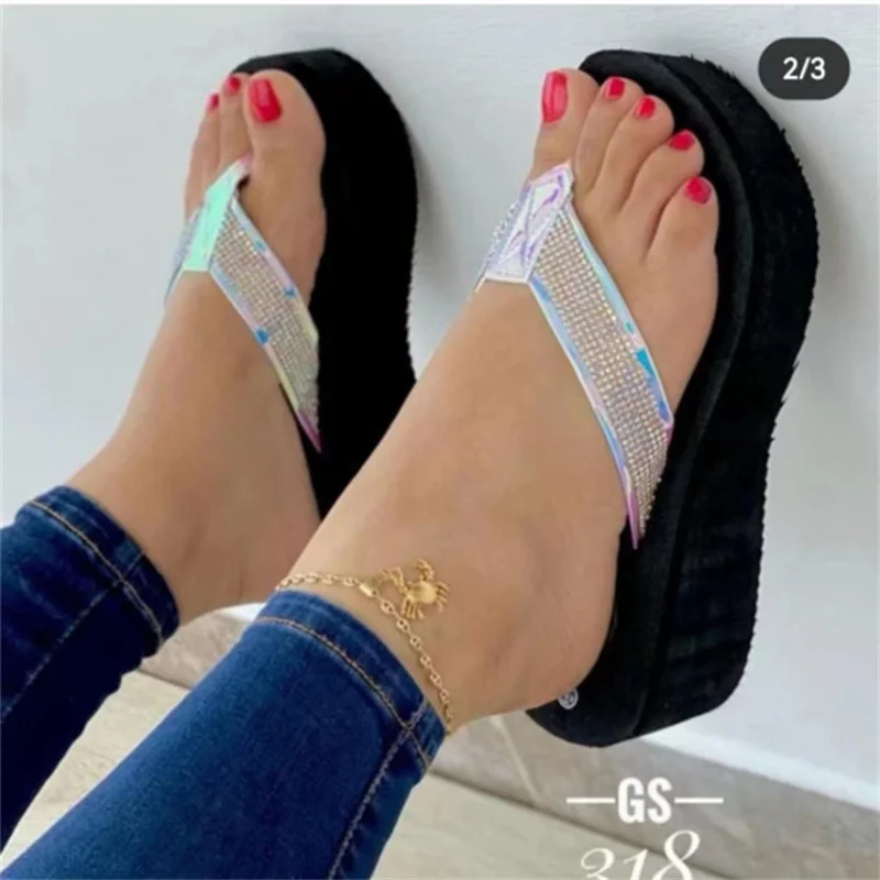 2023 Women's Slippers New Large Size Clip Toe Platform Slides Rhinestone Flip-flops Wedge Heel Beach Shoes Ladies High Heels