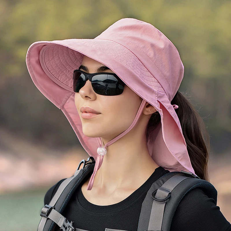 

Women Fashion Ponytail Hat Summer Long Wide Brim Bucket Hat With Neck Flap Female UV Protection Sun Hat Outdoor Beach Cap