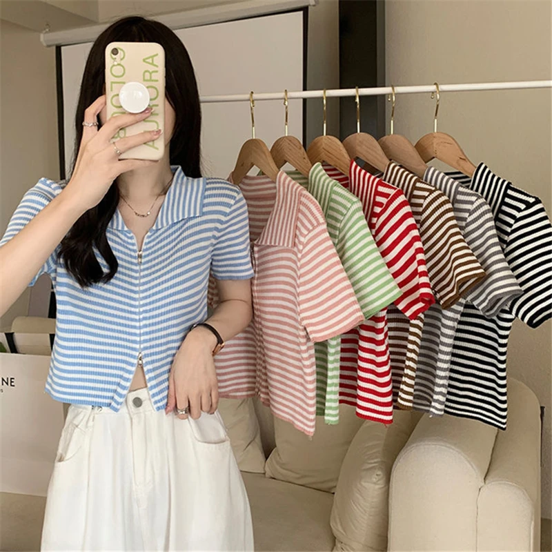 

2022 Summer Fashion New Polo Collar Striped Short Sleeved T-Shirt Women's Design Sense Small Number Slim Short Top Tide H121
