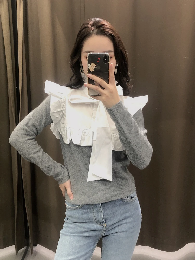 

Женская модная трикотажная одежда в стиле пэчворк, кружевная облегающая Повседневная универсальная трикотажная одежда с круглым вырезом и...