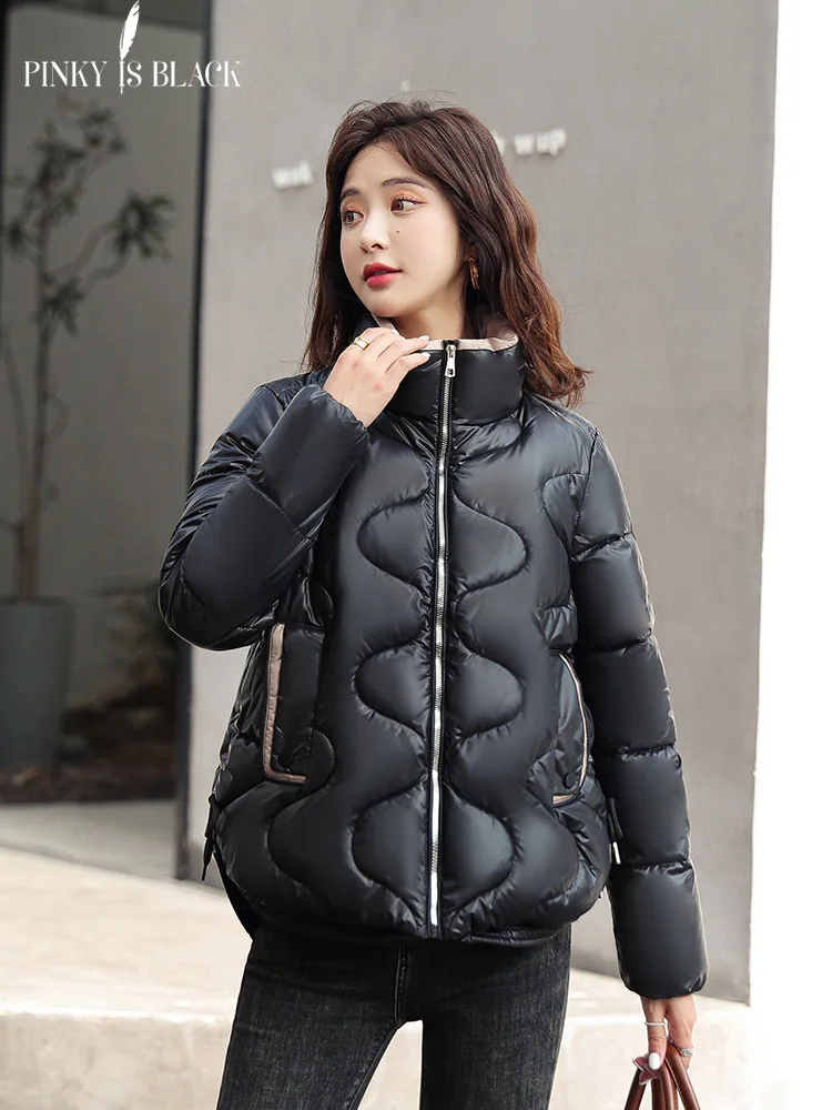 PinkyIsBlack Stand Collar Contrast Color Padded Winter Jacket Women Short 2022 Autumn Winter Bread Clothes Student Winter Coat