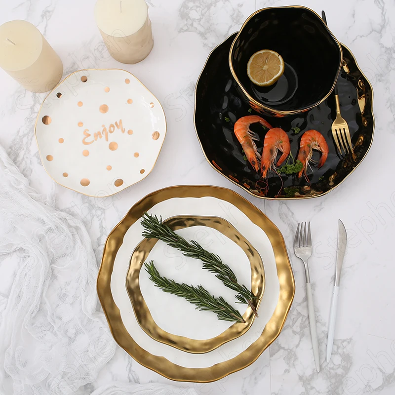 

Белая керамическая тарелка с золотым ходом в скандинавском стиле, современные тарелки для стейка, пасты, обеденные тарелки, волнистый десерт, Бытовая Посуда