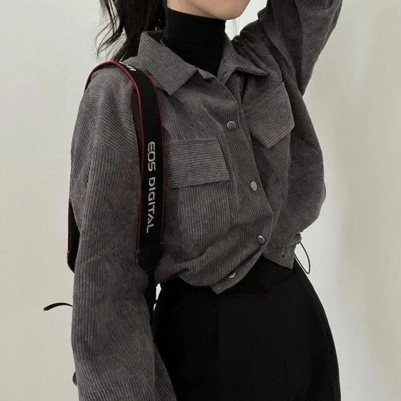 

Женский вельветовый укороченный жакет в стиле ретро, модные корейские короткие топы с длинным рукавом и кулиской, женские повседневные однобортные свободные пальто