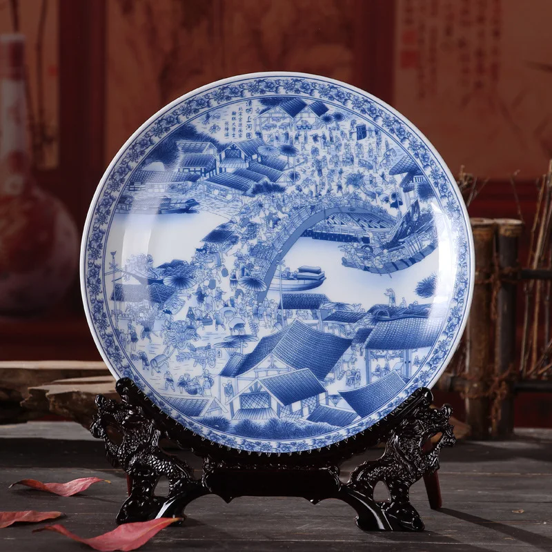 

Exquisite Chinese Classical Blue and White Porcelain Hand-Painted Qingming Festival Plate with Qianlong Mark
