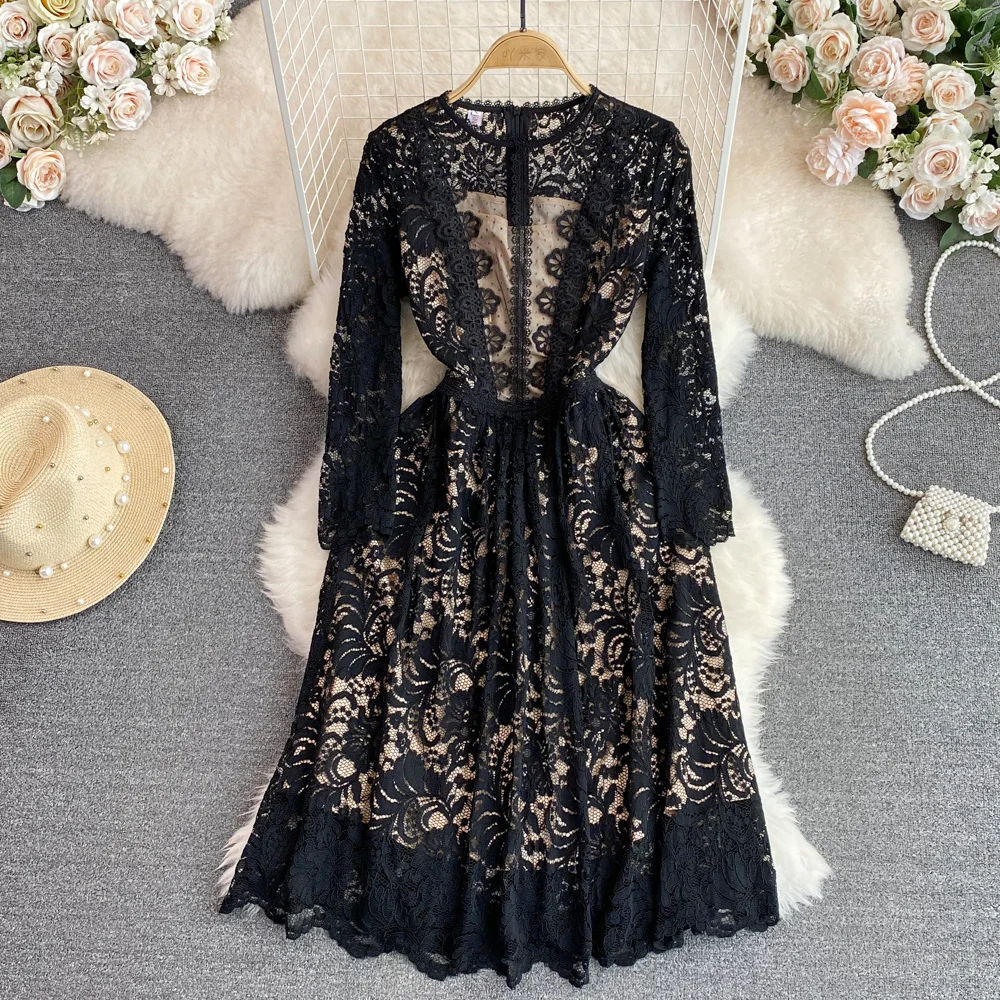 

High Quality Luxury Long Sleeve Black Lace Dress Women O-neck Slim Waist A-line Hook Lace Dress Elegant Long Party Dress