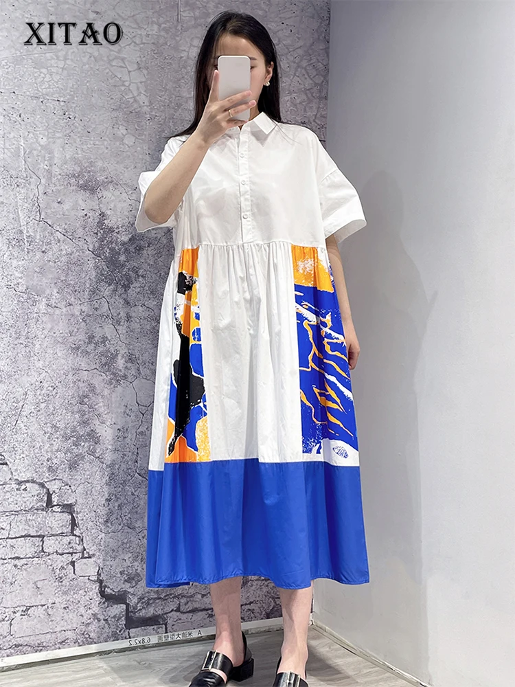 

XITAO Contrast Color Print Patchwork Dress Loose Fashion Casual Women Shirt Dress Summer New Turn-down Collar Dress CLL1453