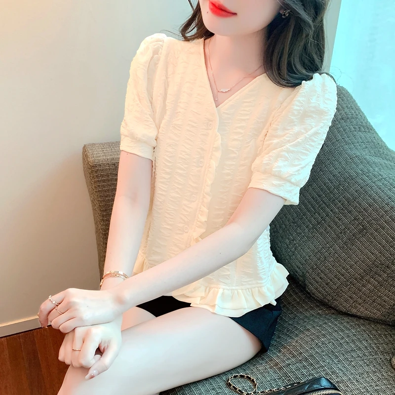 

Chiffon Women's Blouse Slim Fit V-Neck Ruffles Shirt Summer Elegant Short Sleeve Top Fashion Female 2022 New Loose Clothing