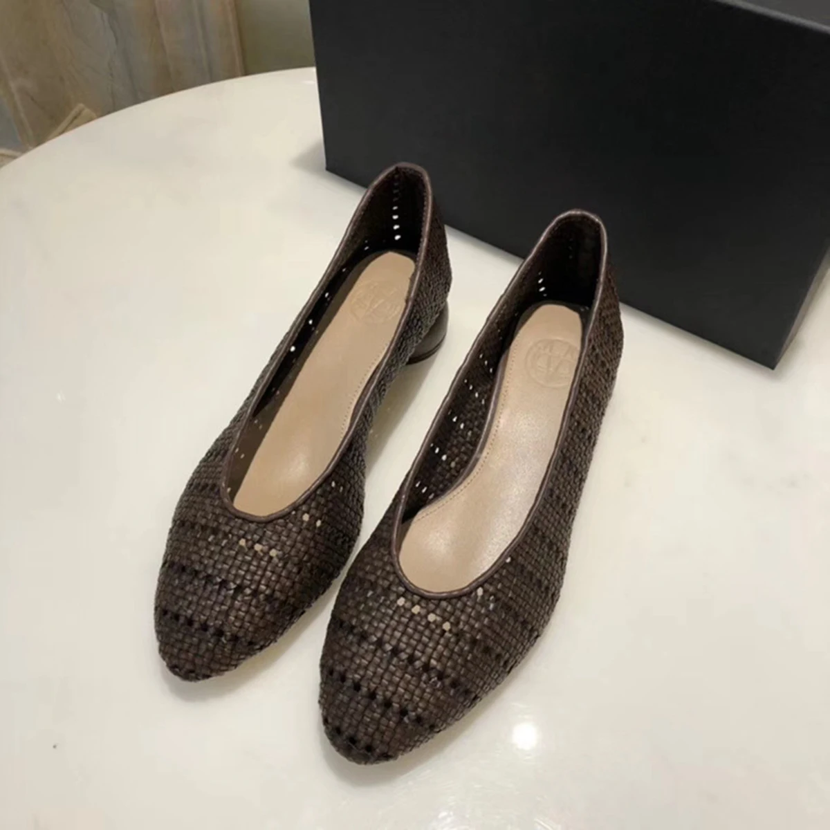 

Jastie 2022 New Spring Summer Fashion Weave Shoes Chunky Heel High Heel Slip-On Women Solid Color Simple Casual Female Shoes