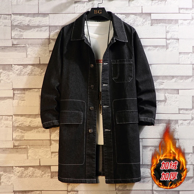 

Осенне-зимняя мужская длинная джинсовая куртка с бархатной подкладкой, модная повседневная хлопковая черная уличная джинсовая ветровка, М...