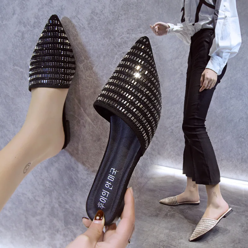 

Maogu Half Slippers Female 2023 Summer New Korean Version Pointed Flat Fashion Sequins Sandals Mules Designer Slides Ladies New