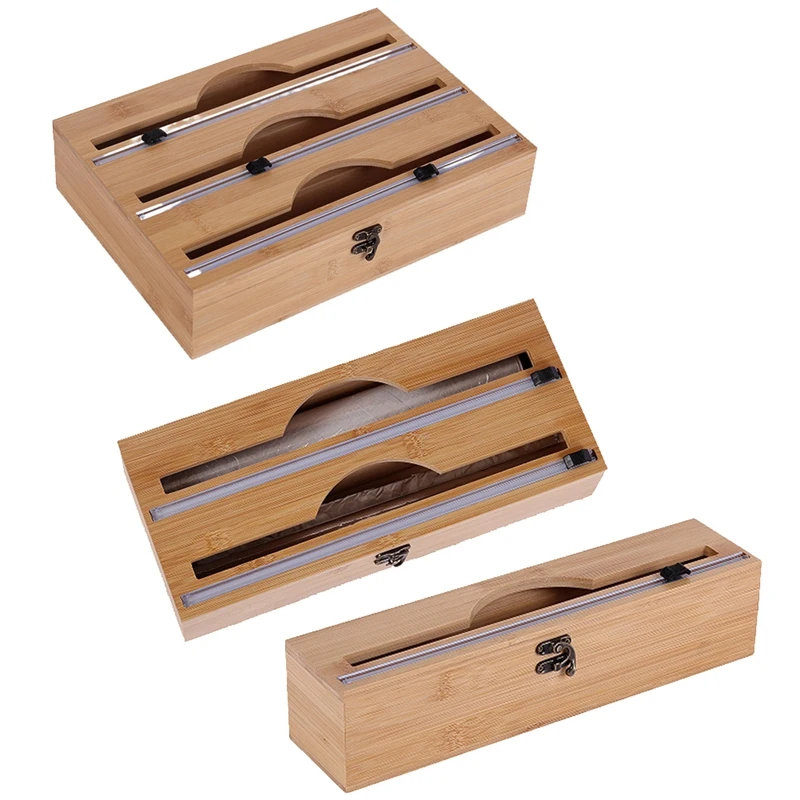

New 3 In 1 Bamboo Wrap Dispenser For Aluminum Foil Dispenser With Cutter Cling Film Holder Kitchen Accessories