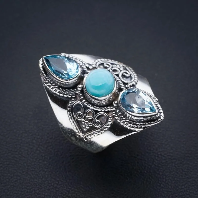 

StarGems Natural Larimar Blue Topaz Handmade 925 Sterling Silver Ring 7.75 F0692