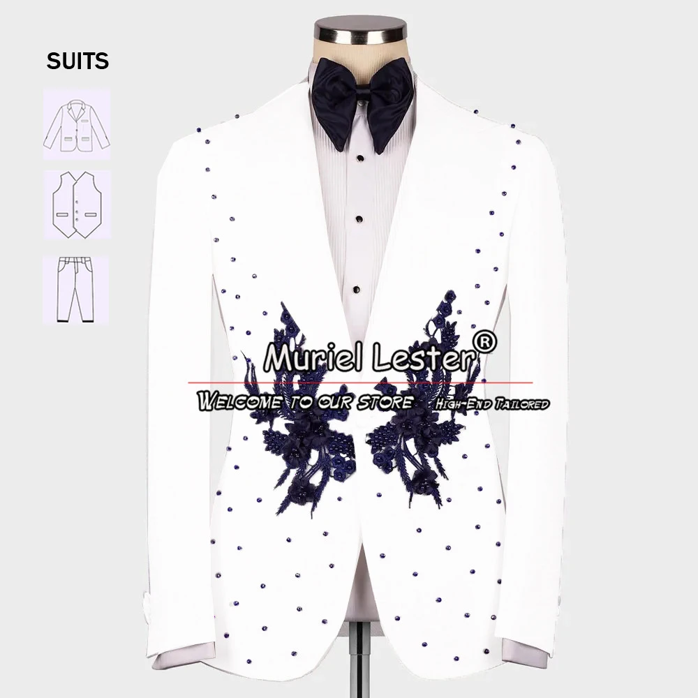 Мужской свадебный Блейзер ручной работы белый пиджак с темно-синими