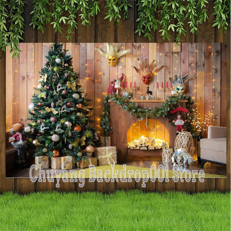 Photography Background Christmas Retro Vintage Wooden Wall Fireplace Christmas Tree Photo Backdrop For Photo Studio
