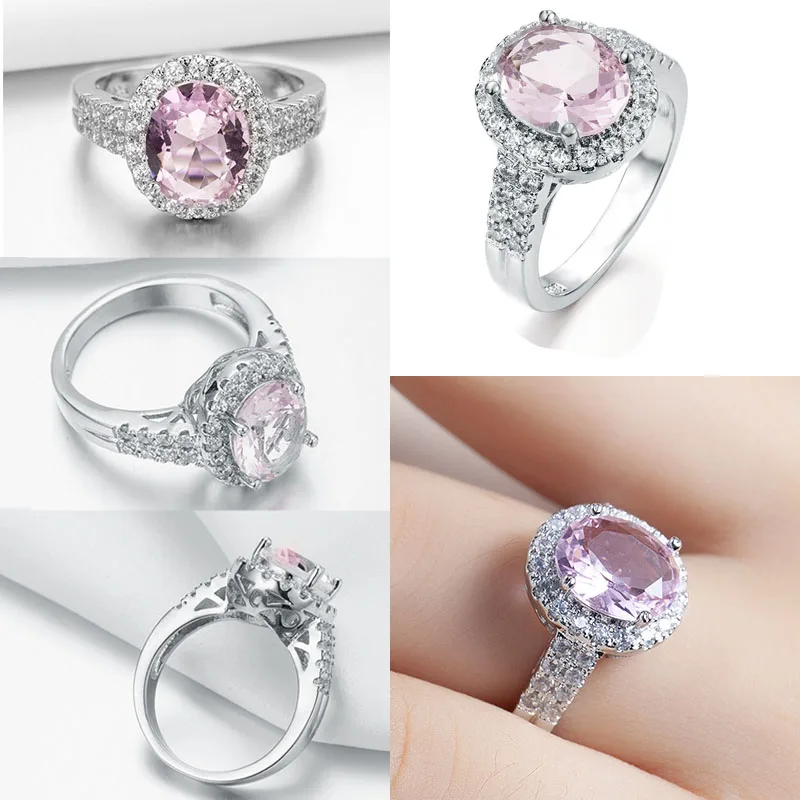 

Milangirl Luxury Silver Plated Color Full Inlaid White Pink Crystal Rhinestone Zircon Female Ring for Women Wedding Jewelry