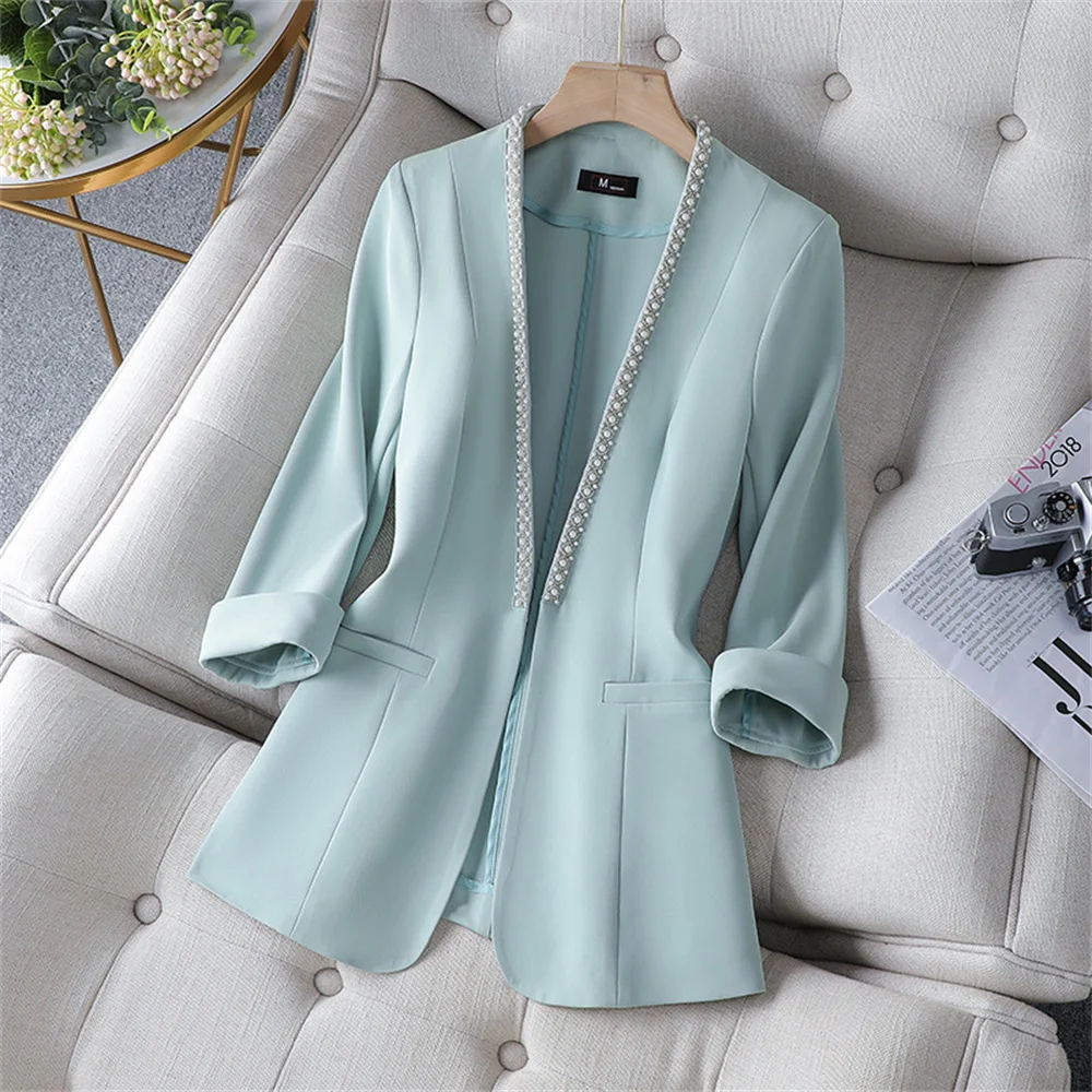 2023 Chic Women Blazer Blue White Black Female V neck Half Sleeve Pearls Slim Jacket Lady Business Work Wear Formal Jacket Coat