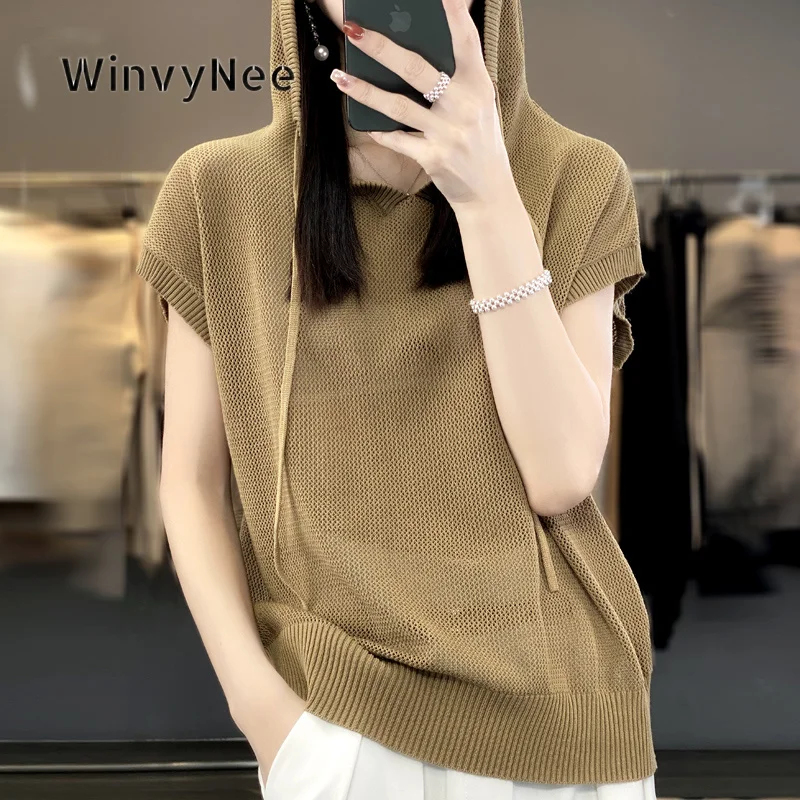 Фото Женский вязаный пуловер WinvyNee из тонкой шерсти с коротким рукавом и капюшоном, молодежный стиль, мягкий модный трикотаж, весна-осень ZA1737024 №3