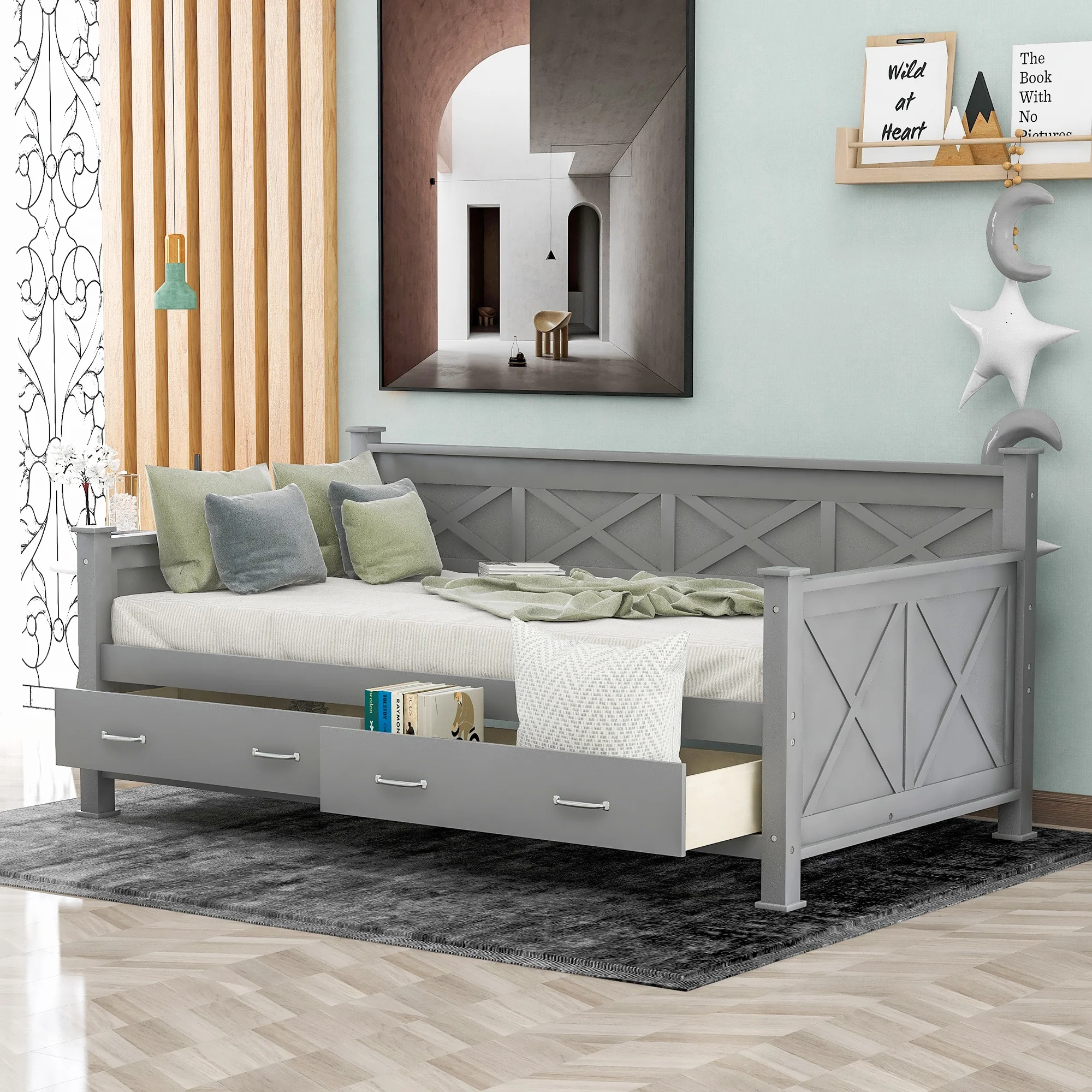 

Home Furniture Bed Frames Bases Twin Size Daybed With 2 Large Drawers X-shaped Frame Modern And Rustic Casual Style Daybed Gray