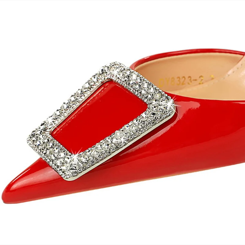 Women Shiny Leather Sandals Cover Heels 8cm Pointy Toe Stilettos Shallow Mouth For Narrow Feet 34-40 24cm Crystal Buckle Pumps