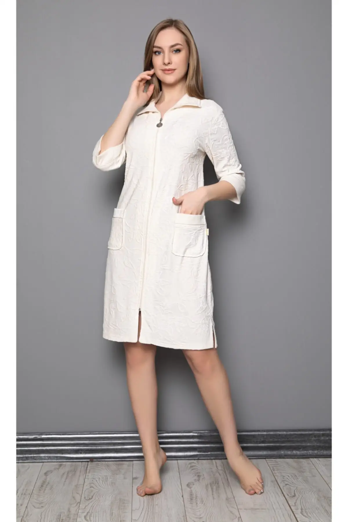 

Dressing Gown Cream zimppered Bamboo Cotton Fashion Robe Robe Robe Sexy Peignoir Kimono Bride Sleepwear Night Gown