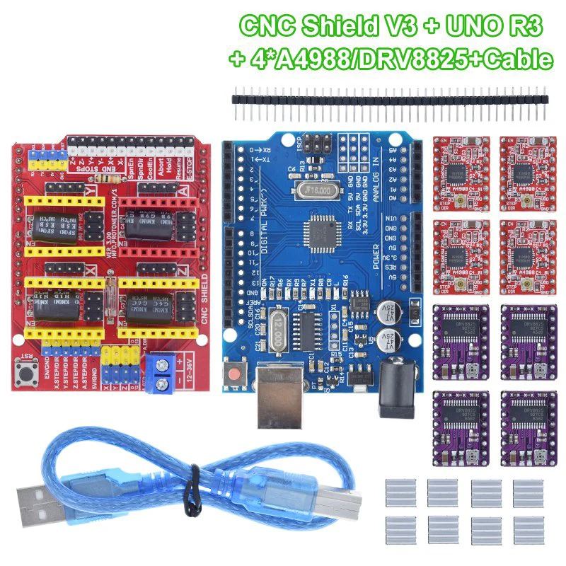 

CNC Shield V3 Engraving Machine 3D Printe+ 4pcs DRV8825 Or A4988 Driver Expansion Board For Arduino + UNO R3 With USB Cable